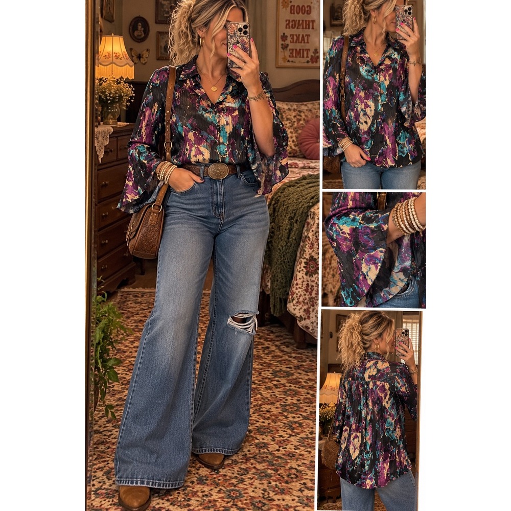 Jaclyn Smith Pleated Bell Sleeve Blouse 1X Multicolor Floral